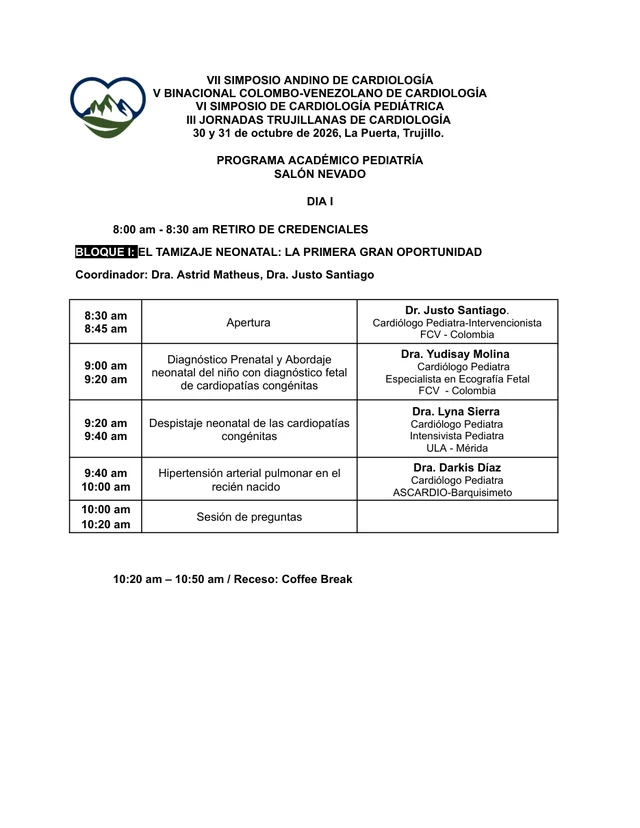 Primera página del programa de cardiología pediátrica